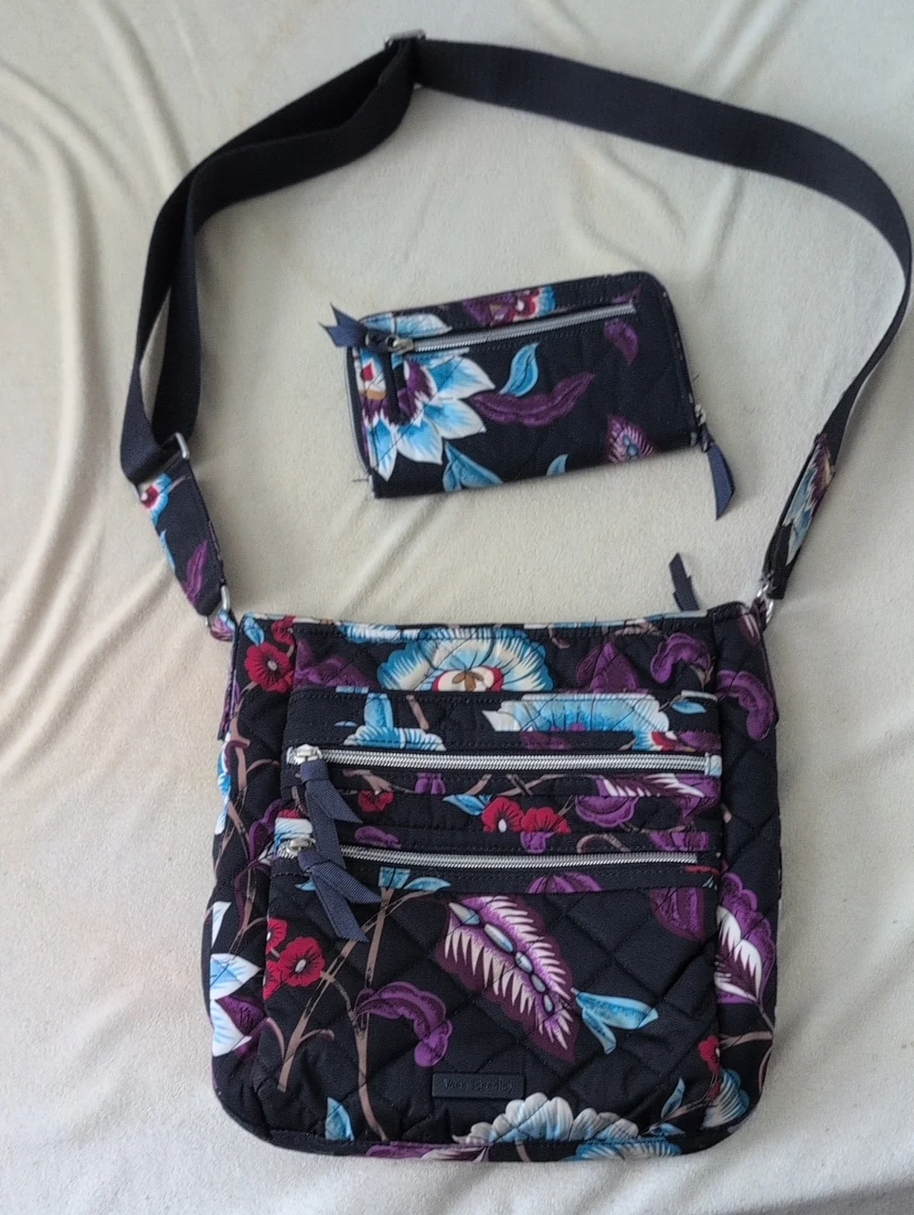 Floral Quilted Crossbody Bag with Wristlet - Black Multi